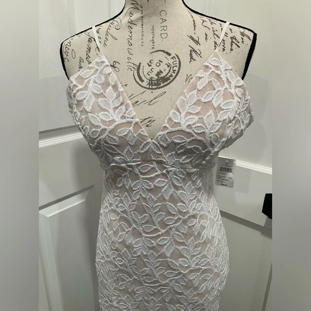 NWT WINDSOR WEDDING PROM COCKTAIL HIGH SIDE SLIT NUDE AND WHITE LACE GOWN - Picture 2 of 11